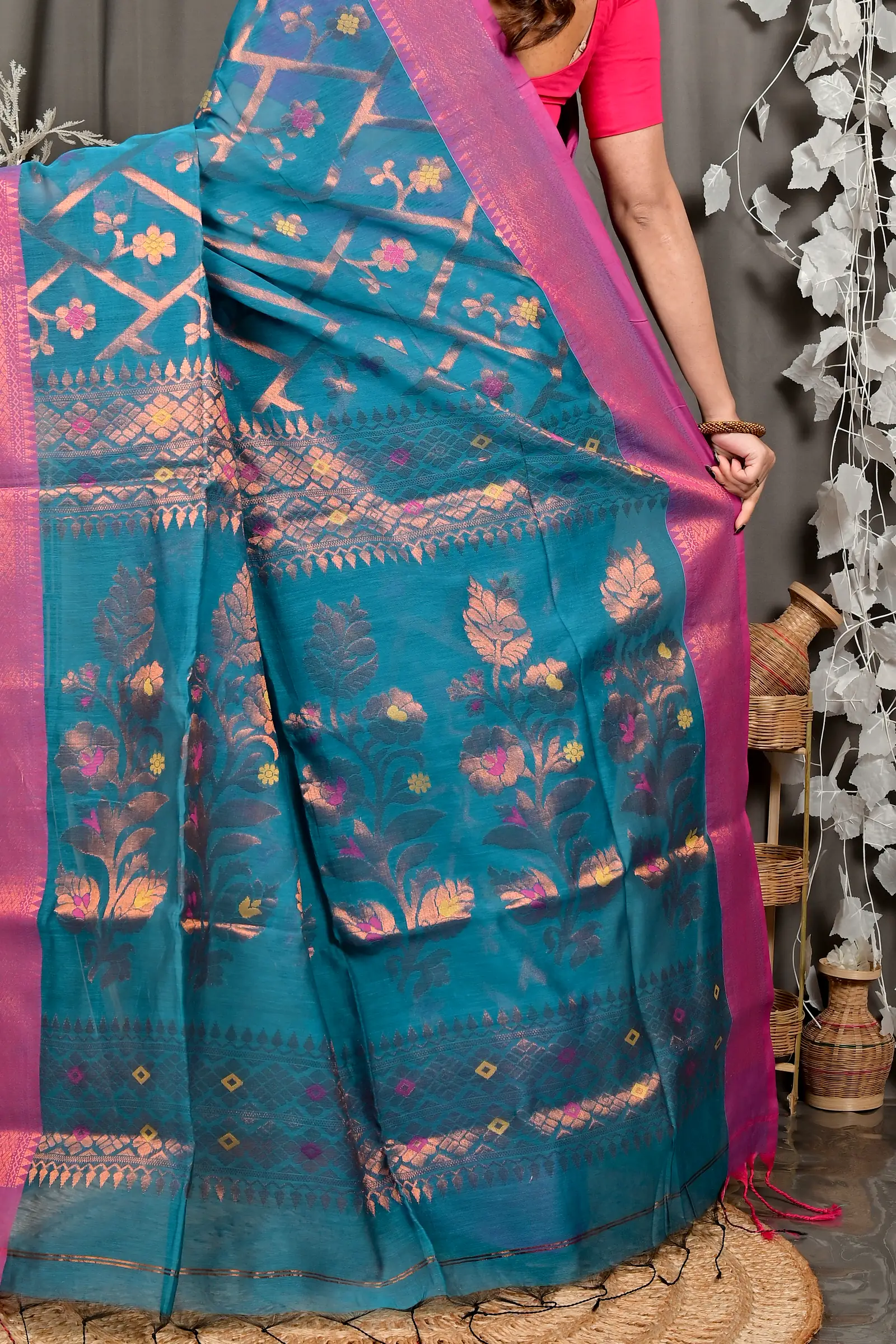 Blue Blended Cotton Dinui Hand Loom Saree (3000)