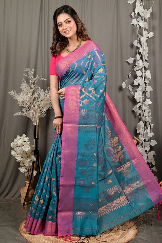 Blue Blended Cotton Dinui Hand Loom Saree (3000)