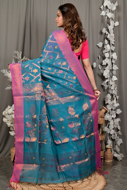 Blue Blended Cotton Dinui Hand Loom Saree (3000)