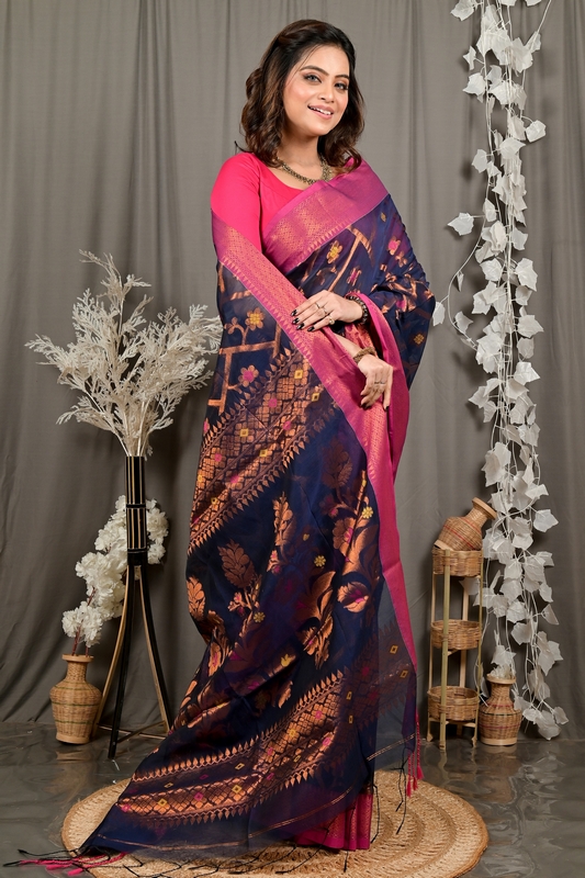 Naby Blue Blended Cotton Dinui Hand Loom Saree (3001)