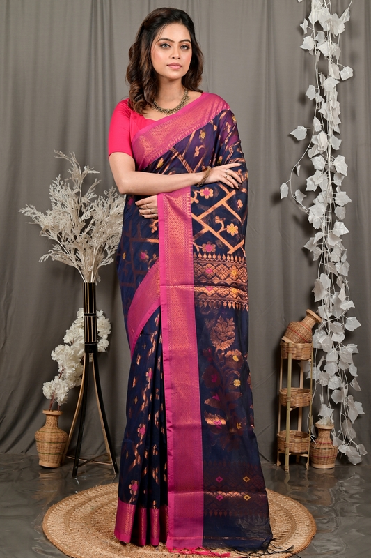 Naby Blue Blended Cotton Dinui Hand Loom Saree (3001)