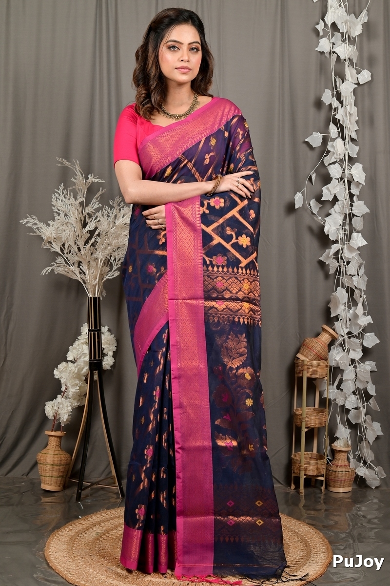 Naby Blue Blended Cotton Dinui Hand Loom Saree (3001)