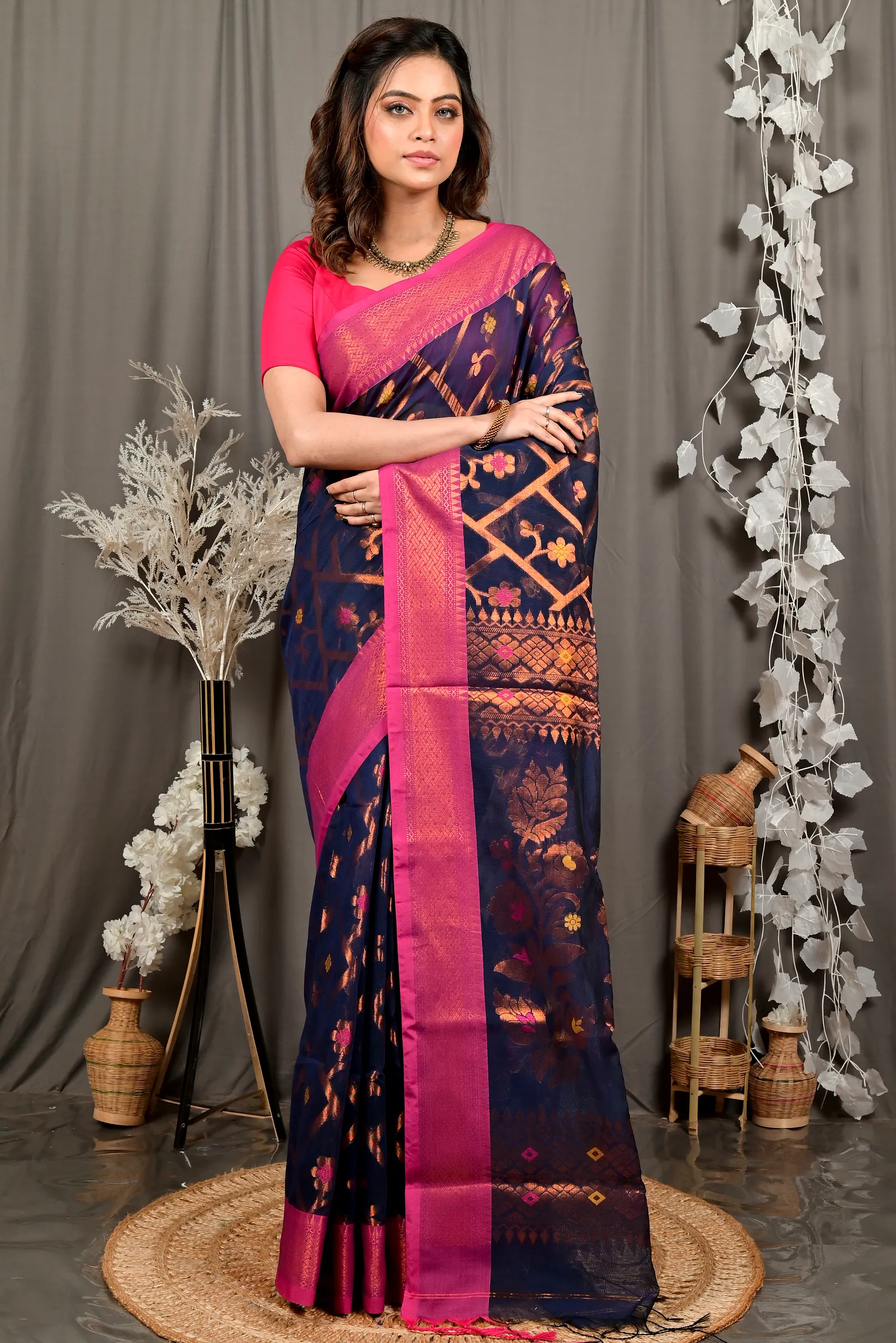 Naby Blue Blended Cotton Dinui Hand Loom Saree (3001)