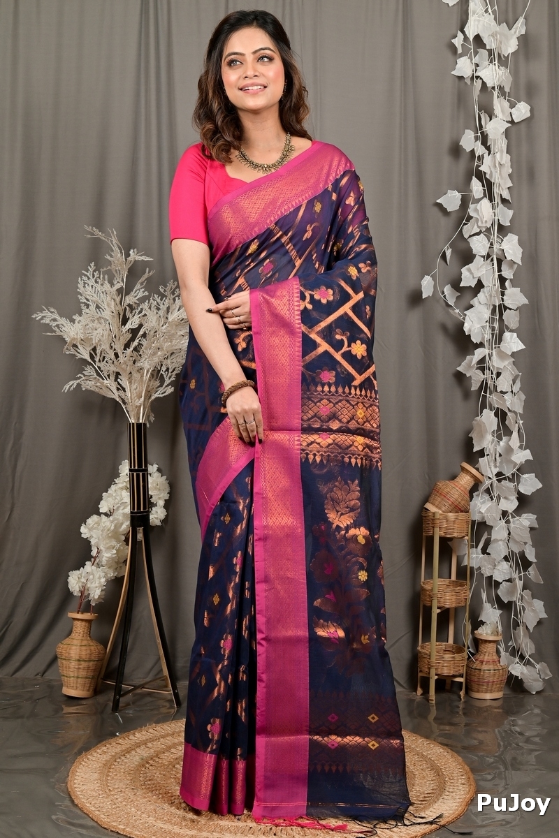 Naby Blue Blended Cotton Dinui Hand Loom Saree (3001)