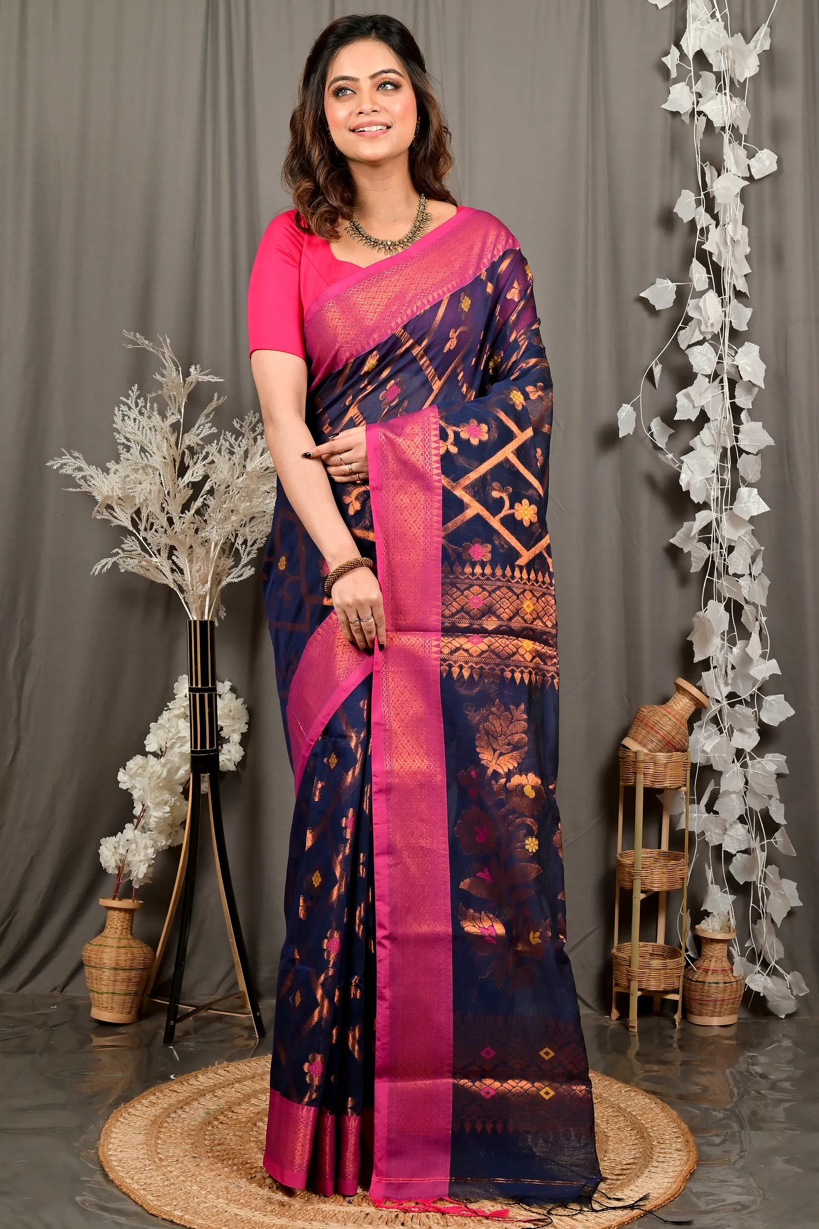 Naby Blue Blended Cotton Dinui Hand Loom Saree (3001)