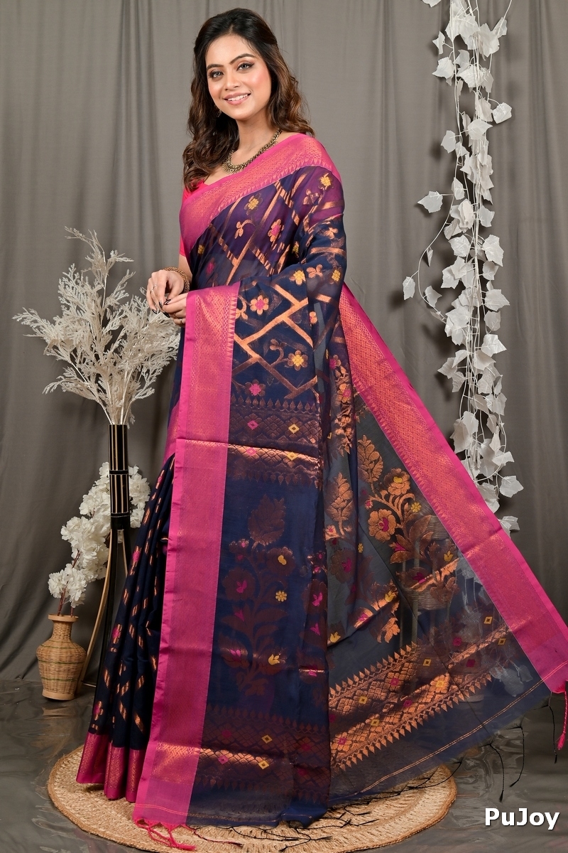 Naby Blue Blended Cotton Dinui Hand Loom Saree (3001)