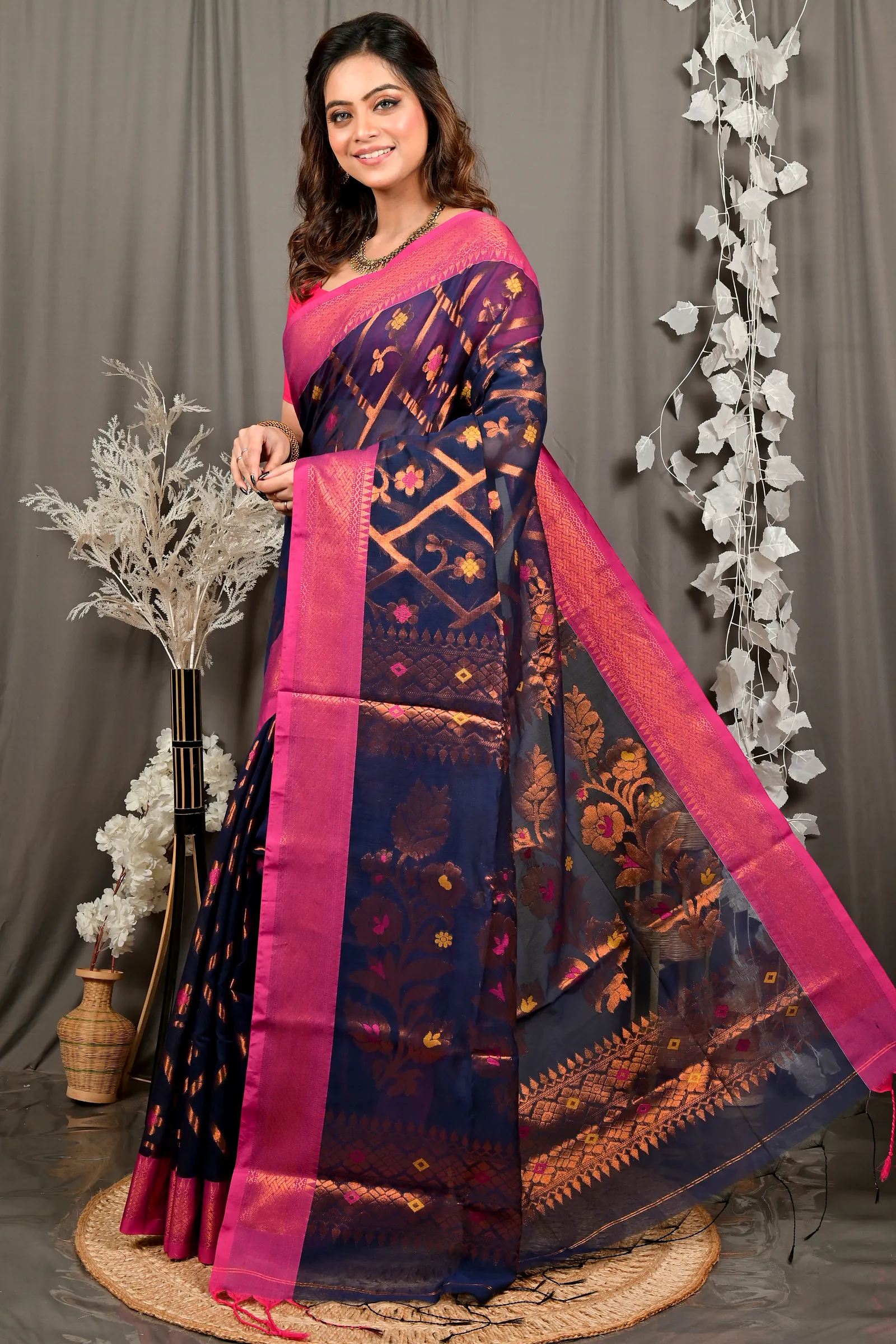 Naby Blue Blended Cotton Dinui Hand Loom Saree (3001)