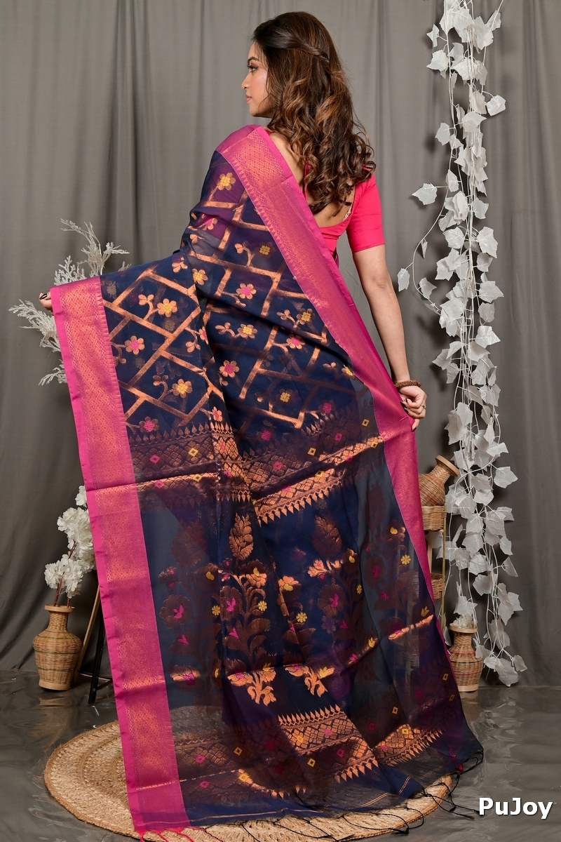 Naby Blue Blended Cotton Dinui Hand Loom Saree (3001)