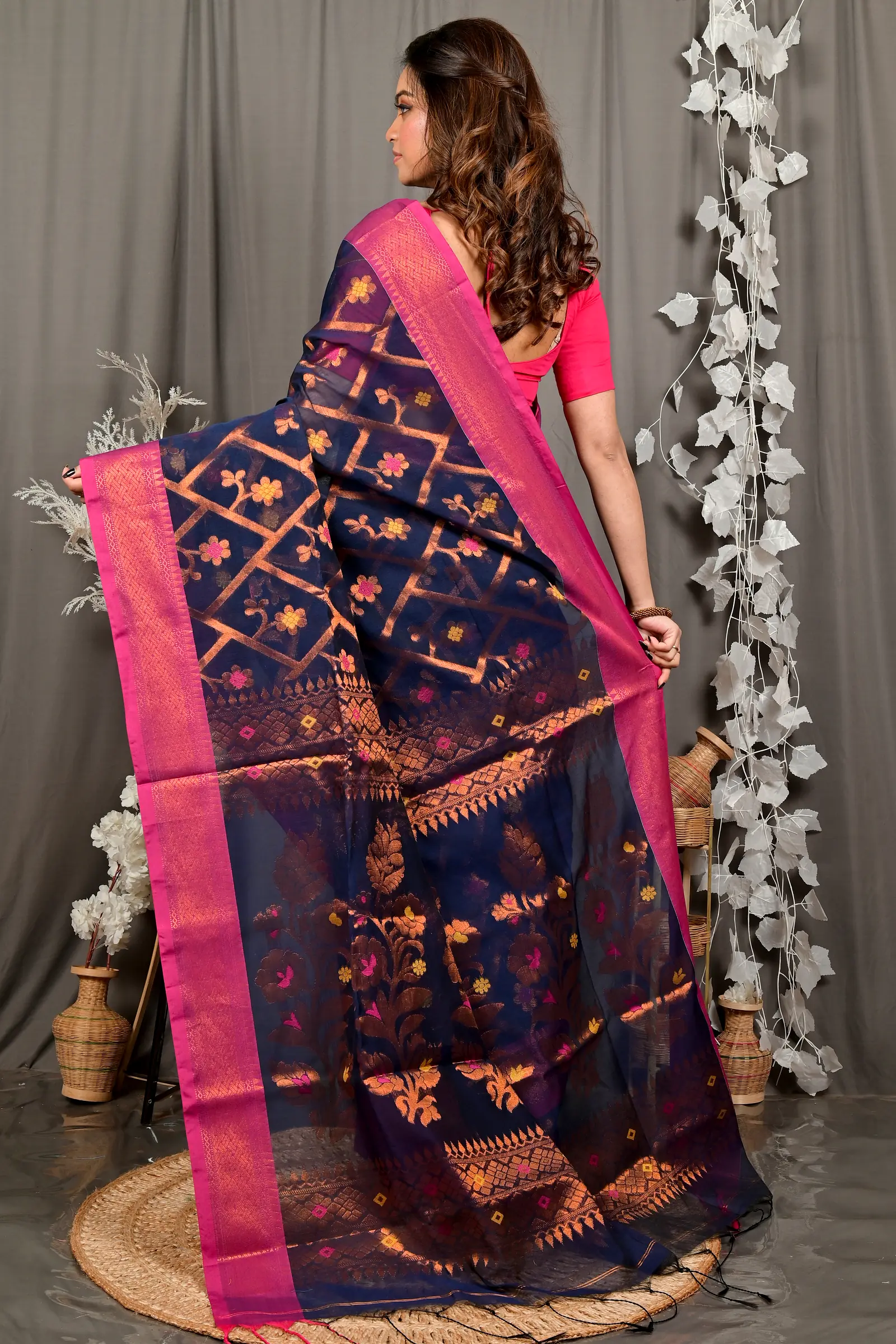 Naby Blue Blended Cotton Dinui Hand Loom Saree (3001)