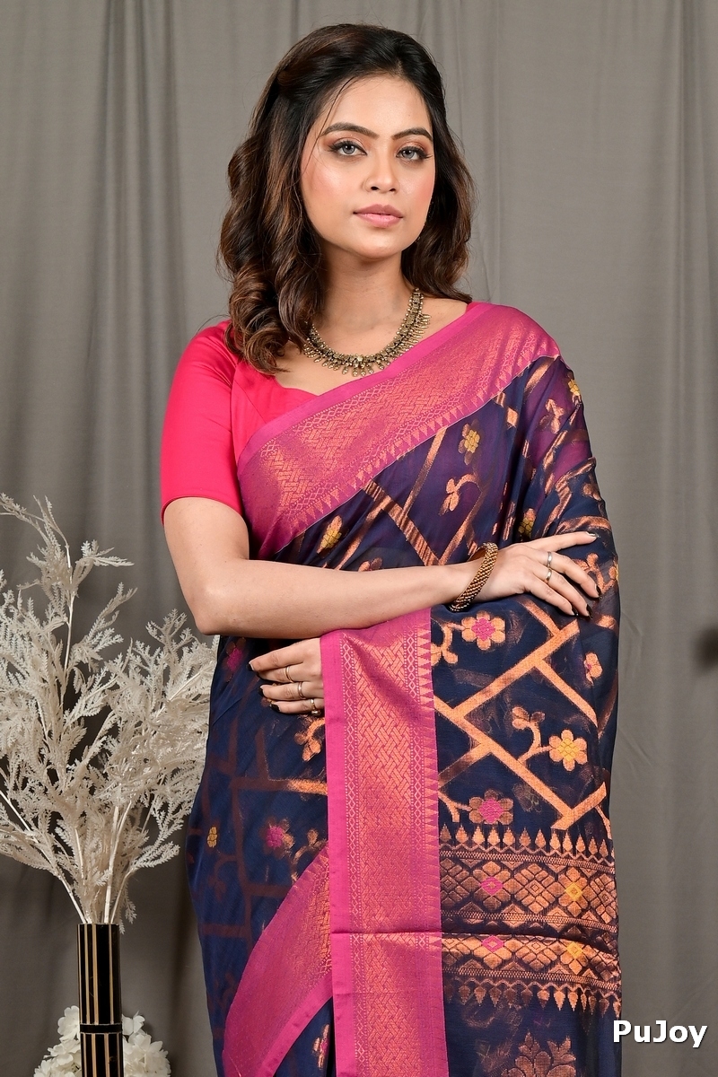 Naby Blue Blended Cotton Dinui Hand Loom Saree (3001)