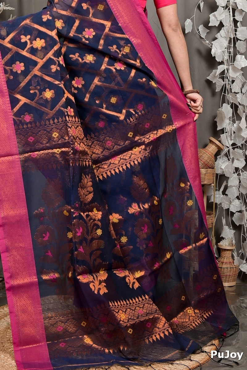 Naby Blue Blended Cotton Dinui Hand Loom Saree (3001)