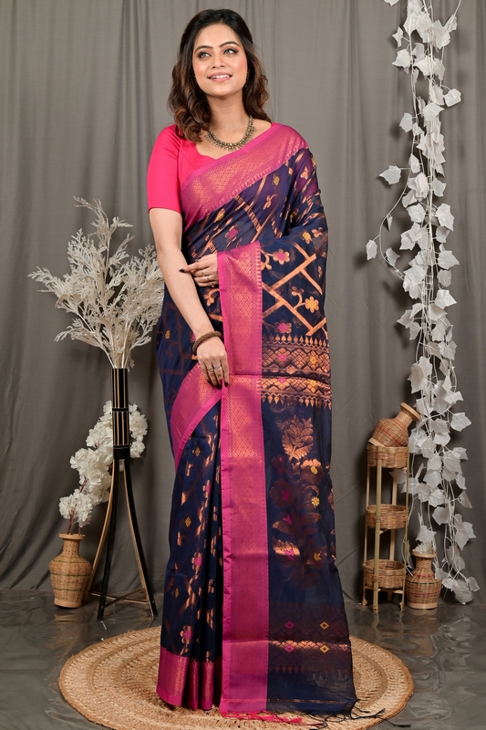 Naby Blue Blended Cotton Dinui Hand Loom Saree (3001)