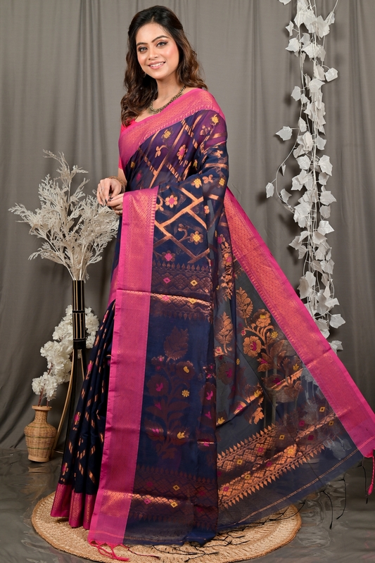 Naby Blue Blended Cotton Dinui Hand Loom Saree (3001)