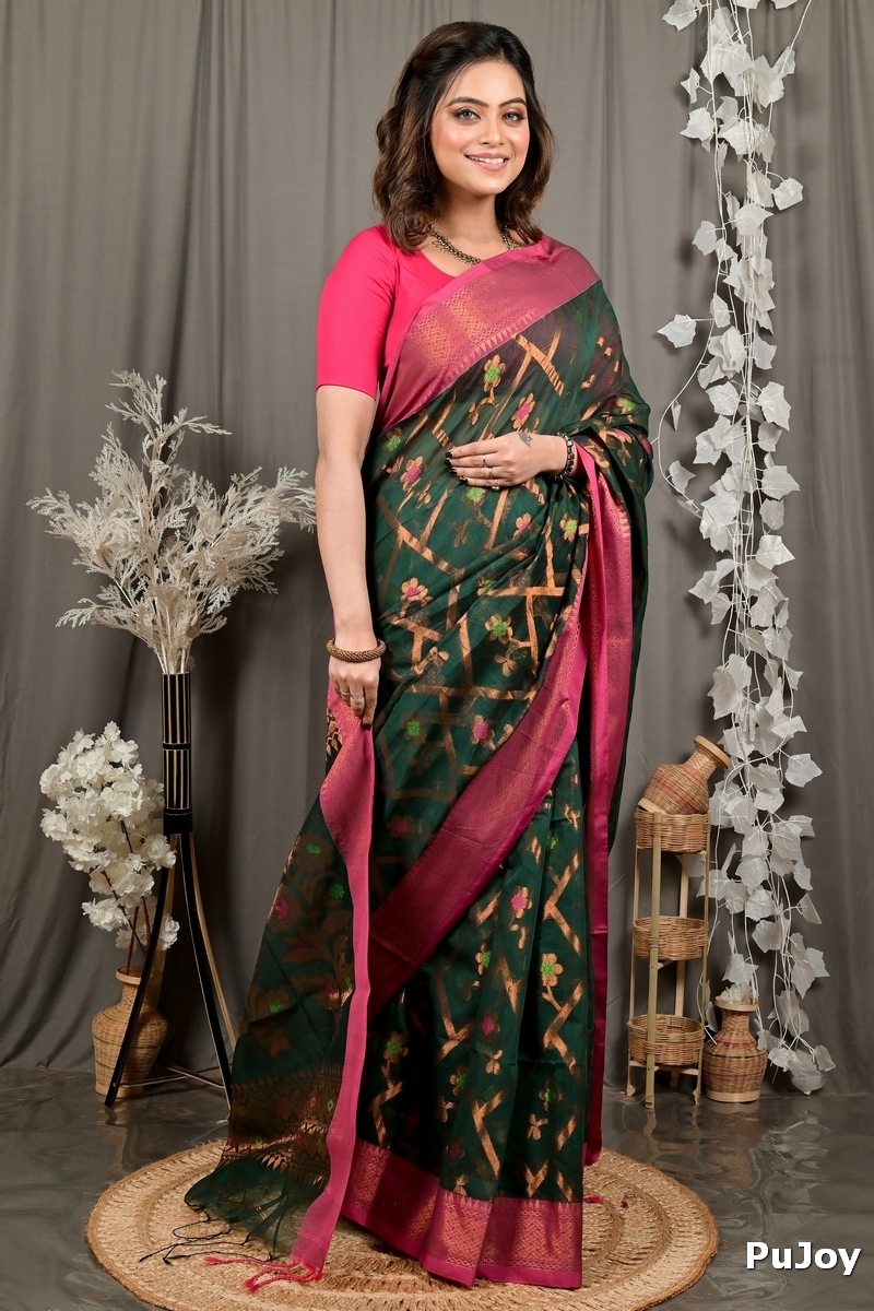 Dark Green Blended Cotton Dinui Hand Loom Saree (3002)