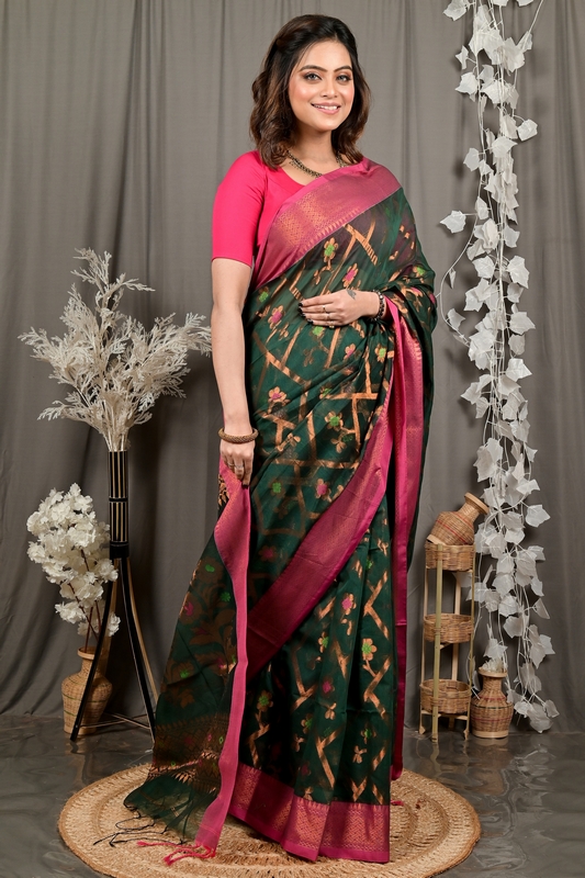 Dark Green Blended Cotton Dinui Hand Loom Saree (3002)