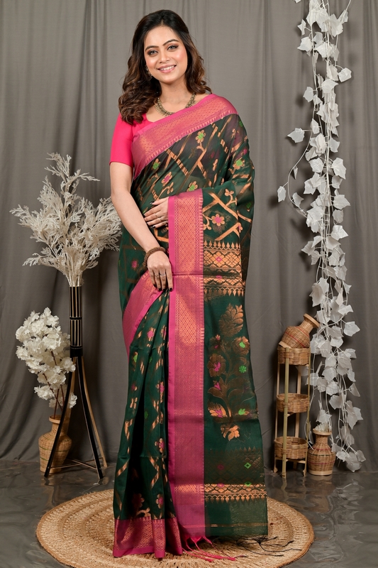 Dark Green Blended Cotton Dinui Hand Loom Saree (3002)