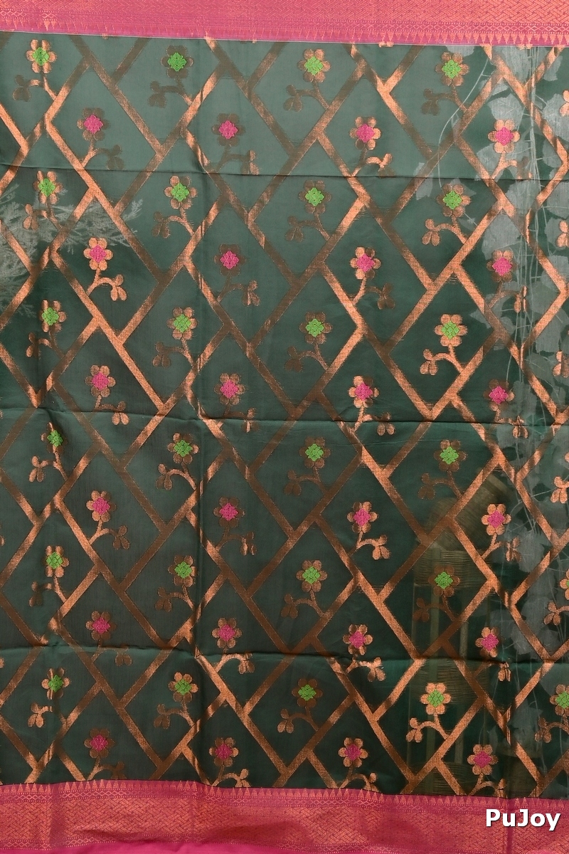 Dark Green Blended Cotton Dinui Hand Loom Saree (3002)