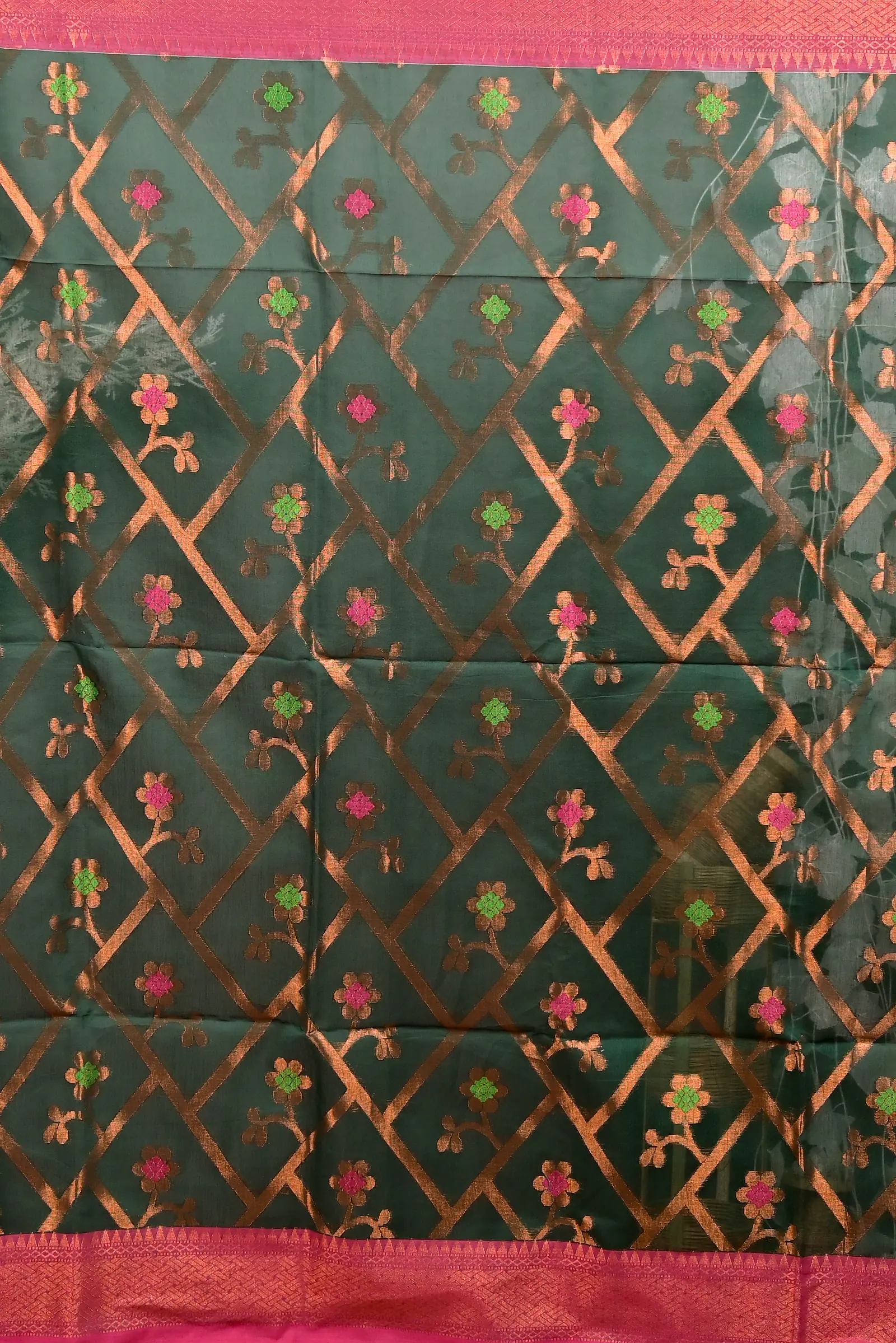 Dark Green Blended Cotton Dinui Hand Loom Saree (3002)