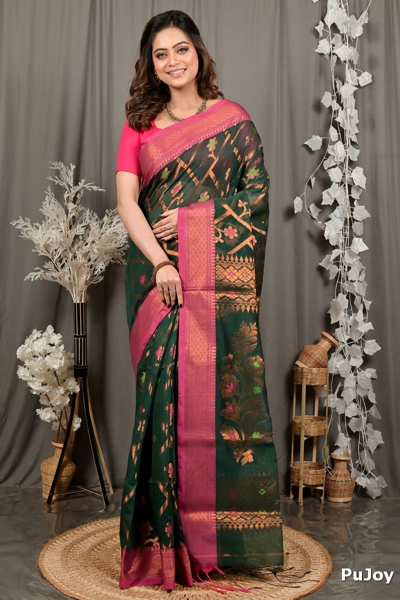 Dark Green Blended Cotton Dinui Hand Loom Saree (3002)