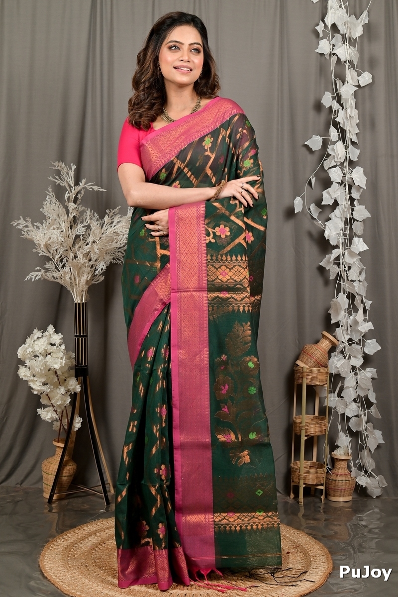 Dark Green Blended Cotton Dinui Hand Loom Saree (3002)