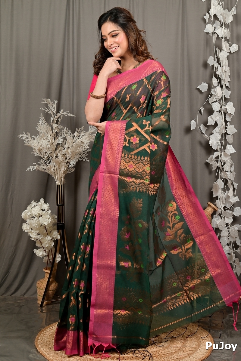 Dark Green Blended Cotton Dinui Hand Loom Saree (3002)