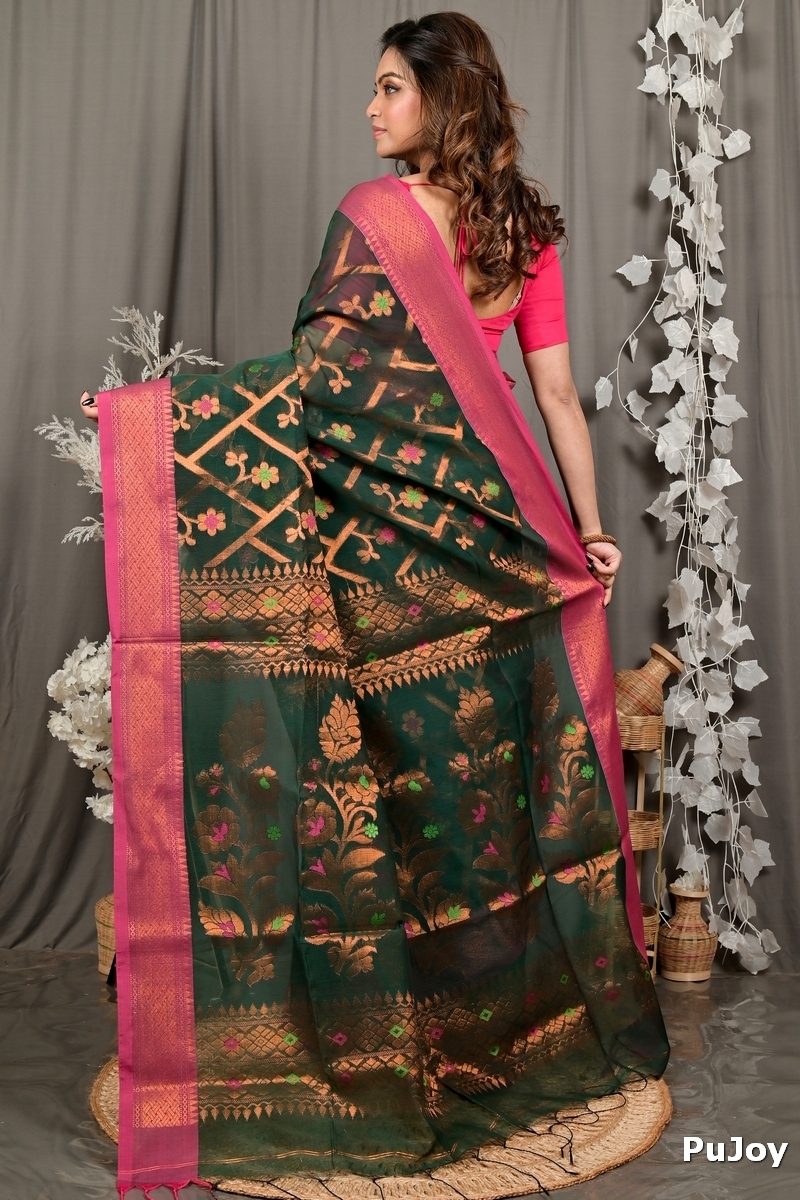 Dark Green Blended Cotton Dinui Hand Loom Saree (3002)
