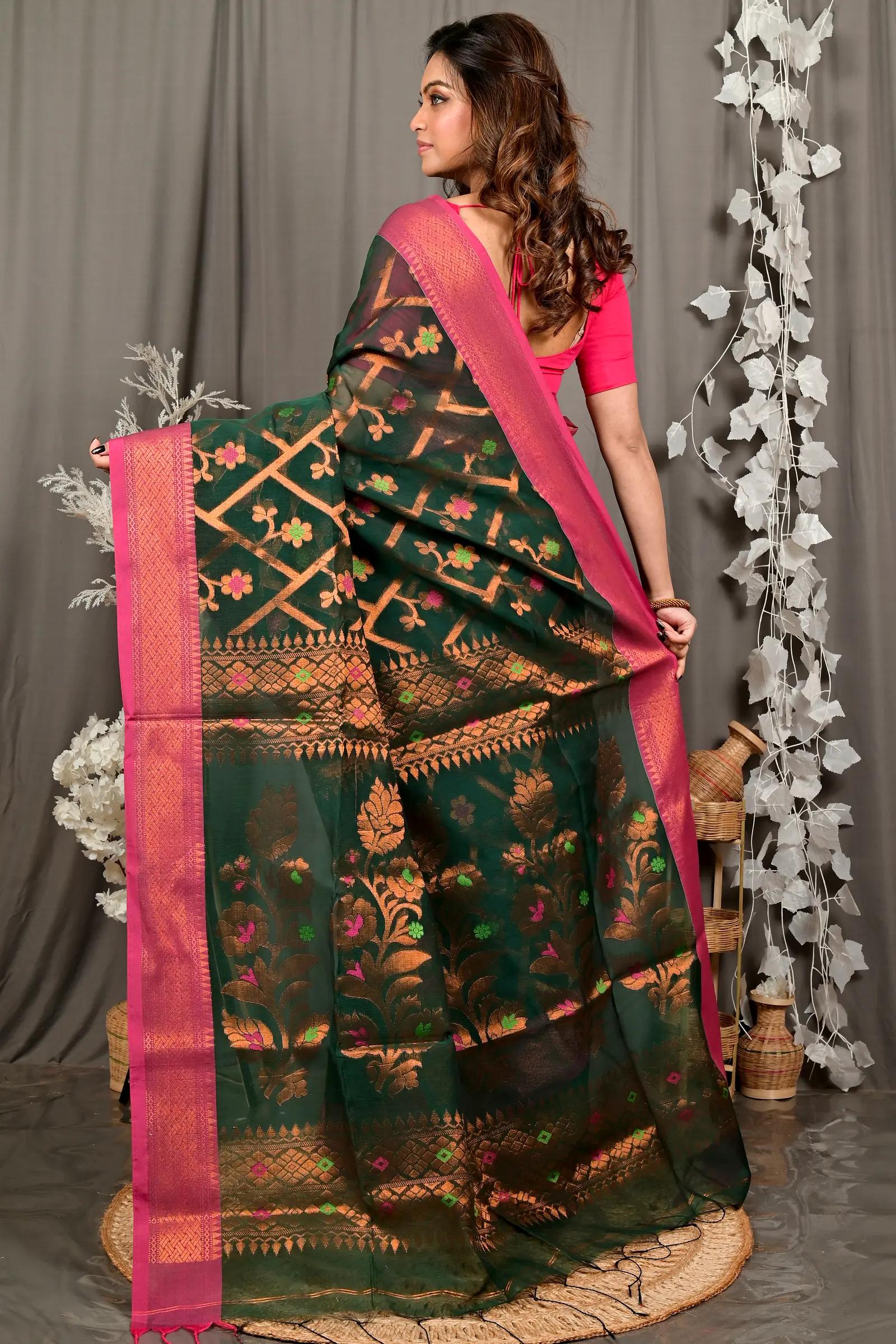 Dark Green Blended Cotton Dinui Hand Loom Saree (3002)