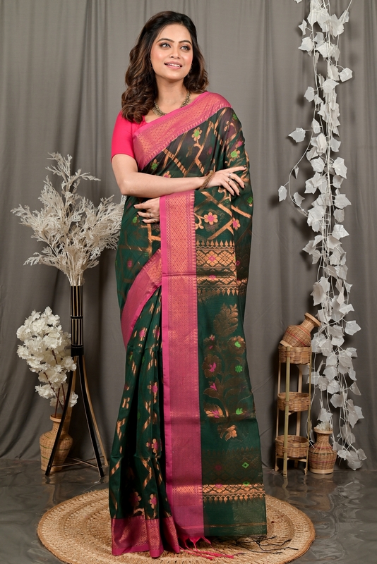 Dark Green Blended Cotton Dinui Hand Loom Saree (3002)