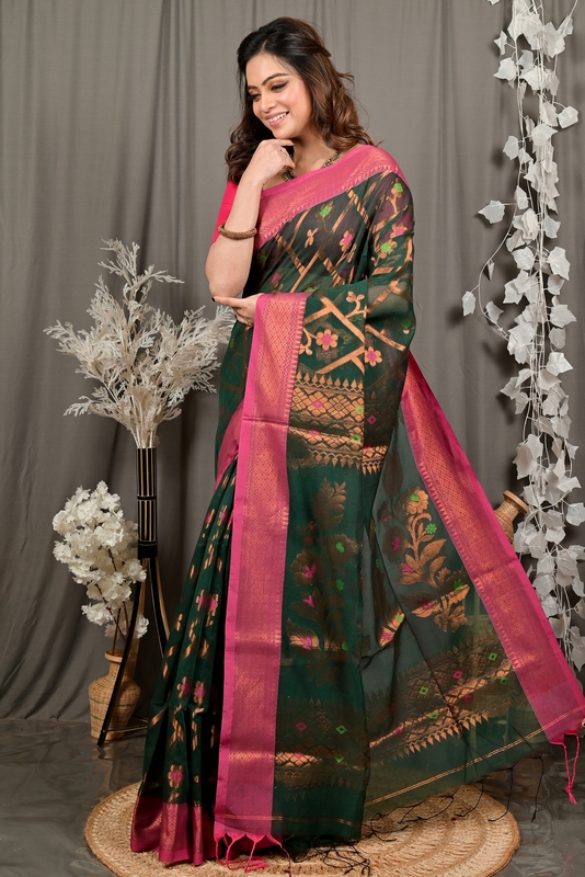 Dark Green Blended Cotton Dinui Hand Loom Saree (3002)