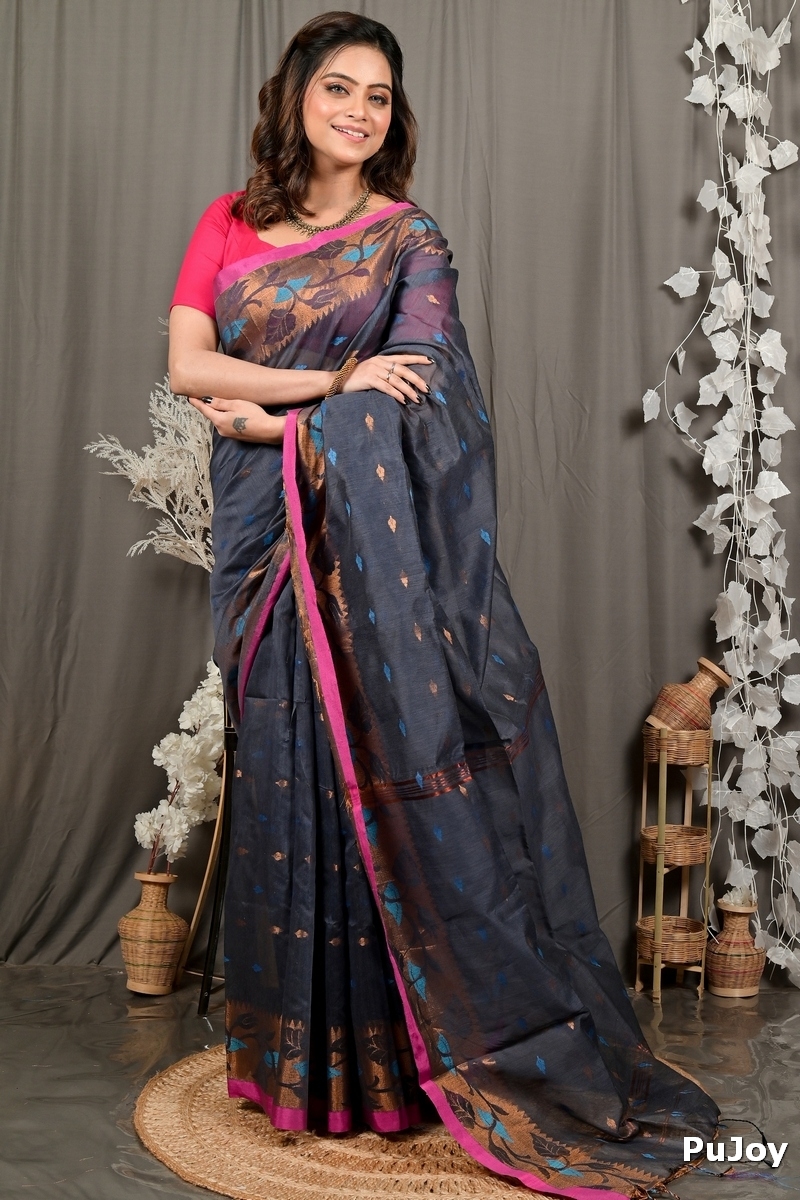 Grey Cotton Dipani Hand Loom Saree (3003)