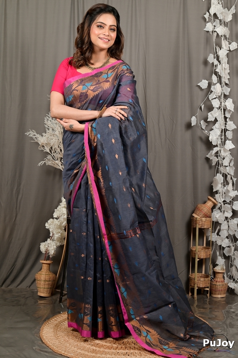 Grey Cotton Dipani Hand Loom Saree (3003)