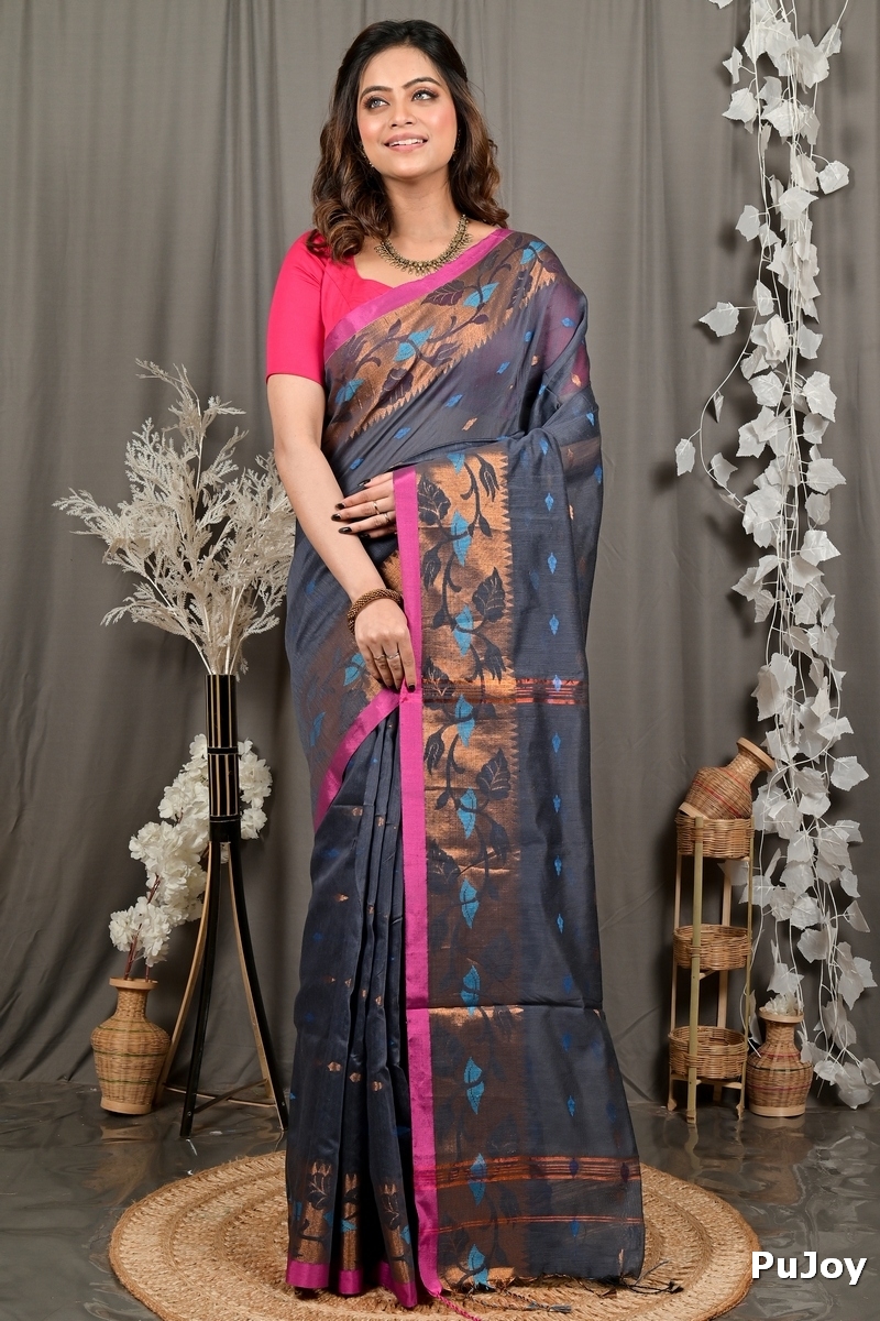 Grey Cotton Dipani Hand Loom Saree (3003)