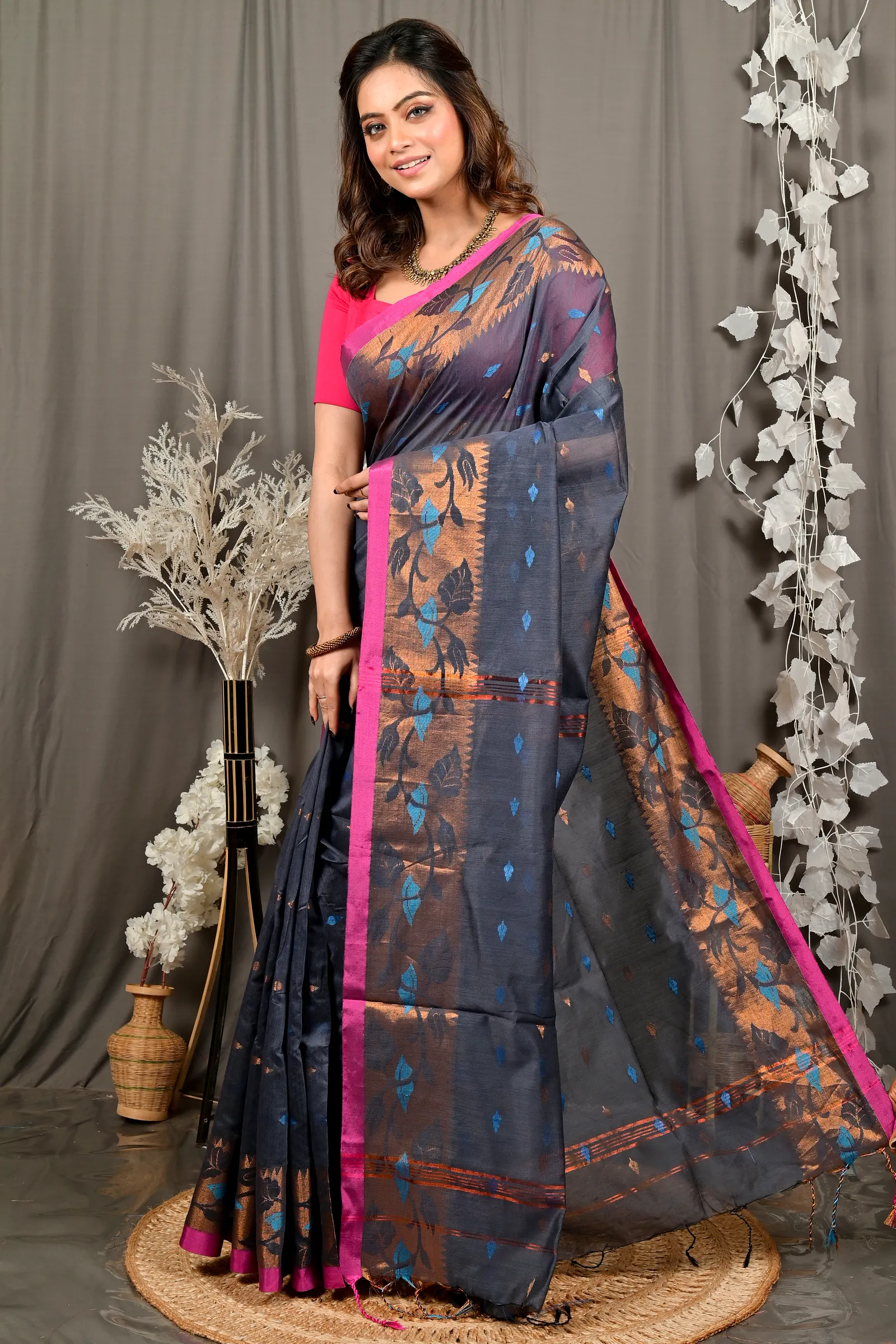Grey Cotton Dipani Hand Loom Saree (3003)