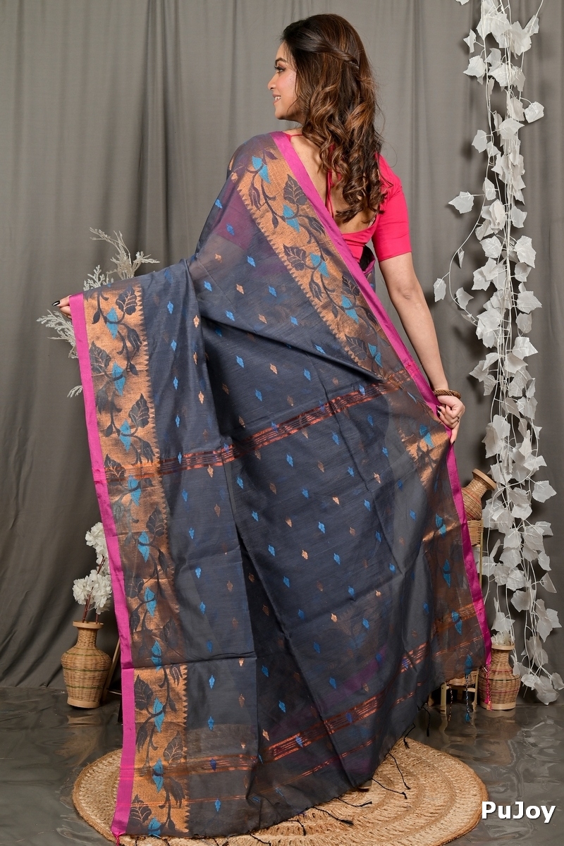 Grey Cotton Dipani Hand Loom Saree (3003)