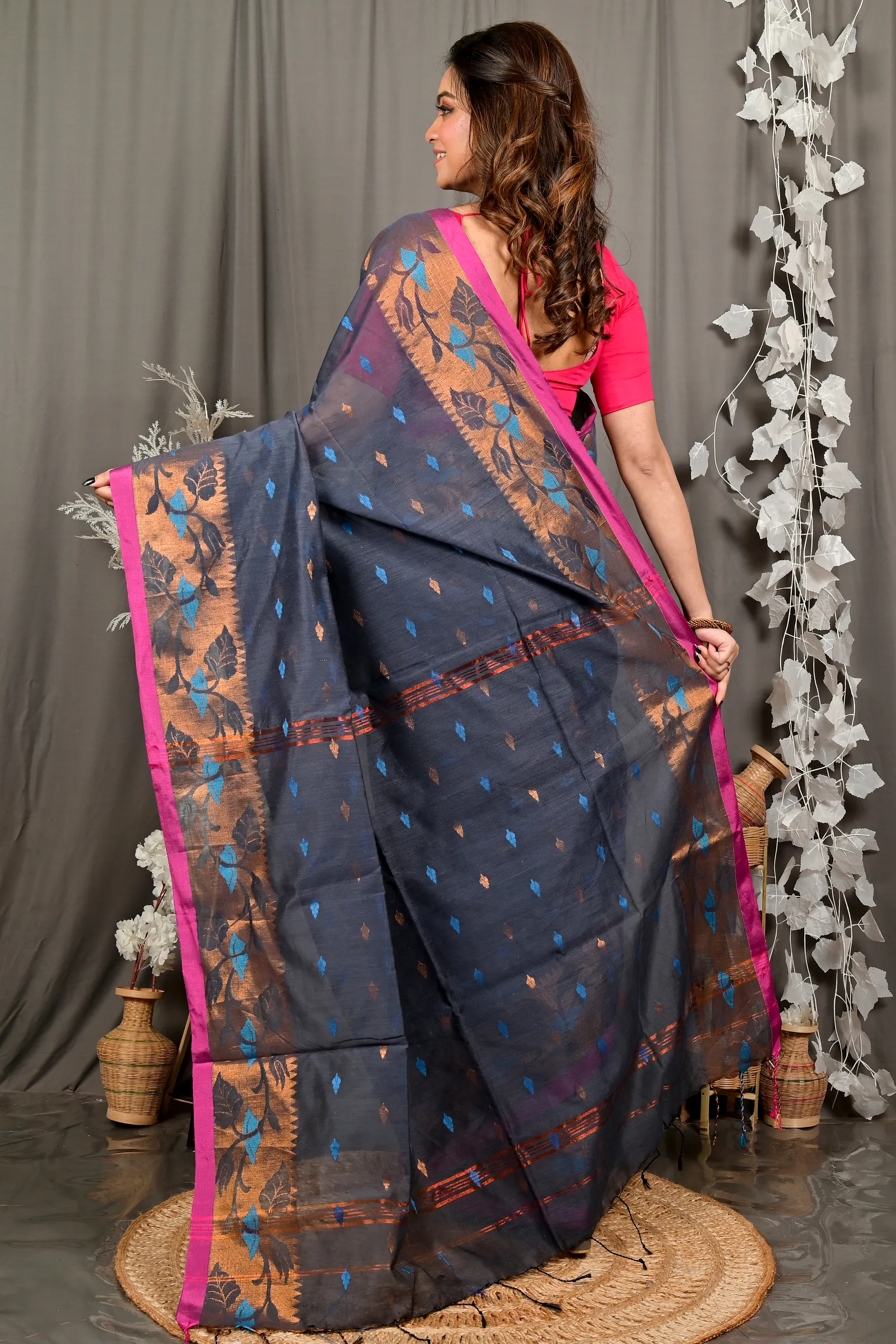 Grey Cotton Dipani Hand Loom Saree (3003)