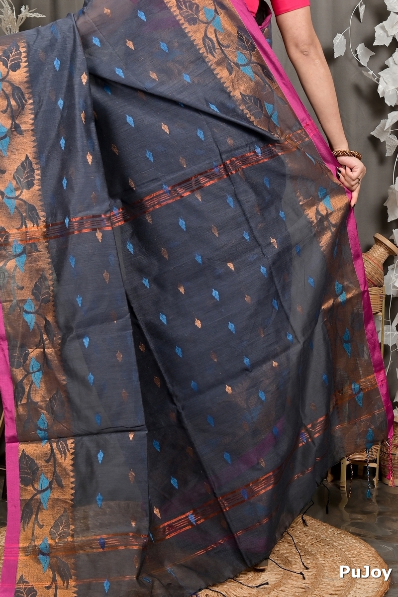Grey Cotton Dipani Hand Loom Saree (3003)