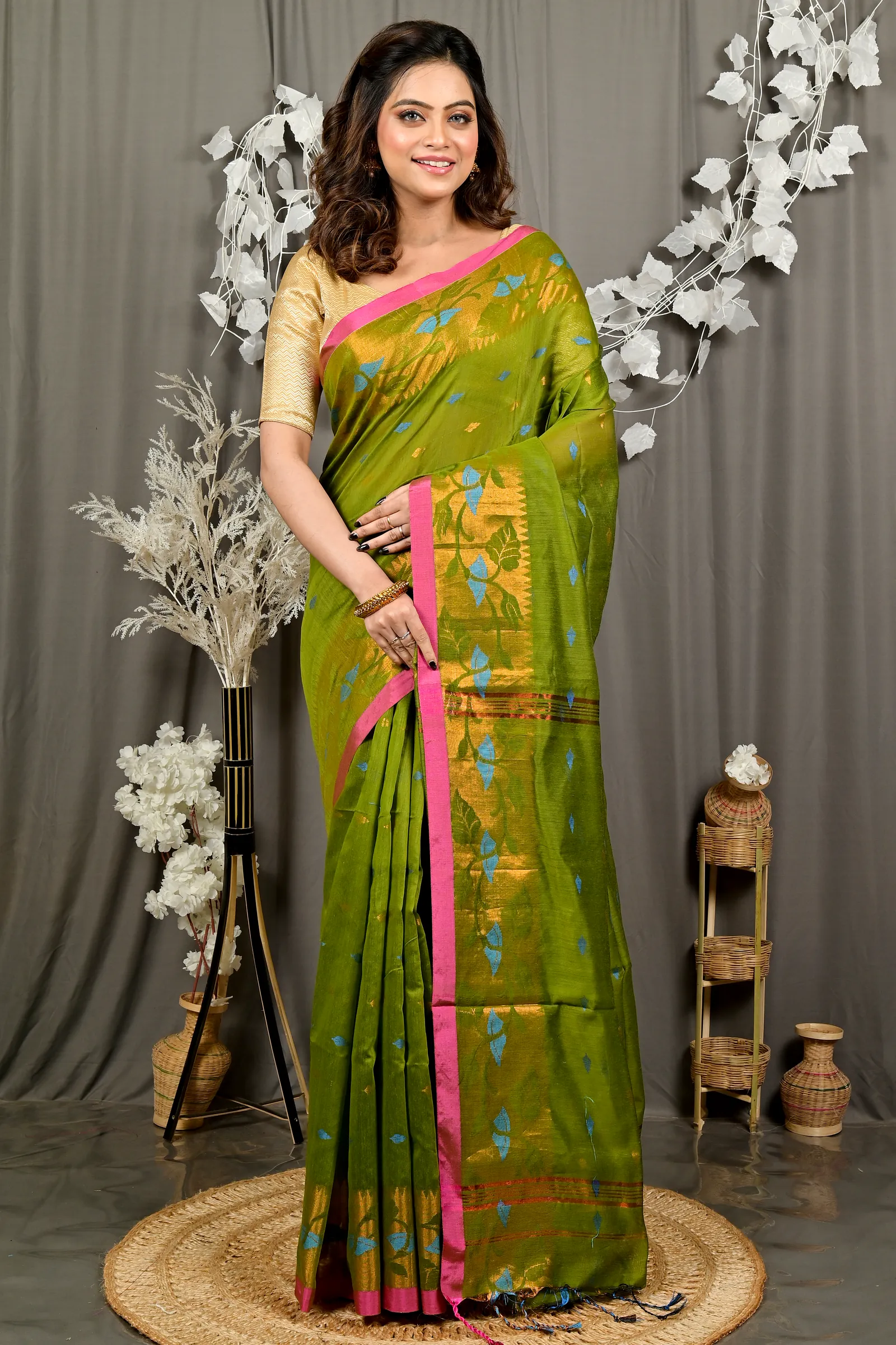 Green Cotton Dipani Hand Loom Saree (3005)