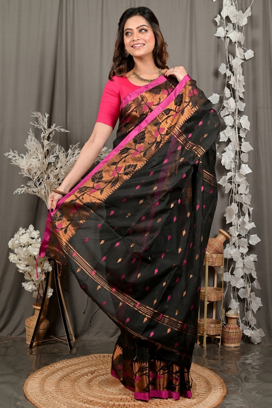 Black Cotton Dipani Hand Loom Saree (3006)