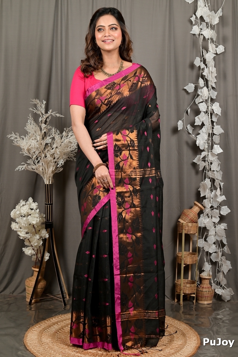 Black Cotton Dipani Hand Loom Saree (3006)