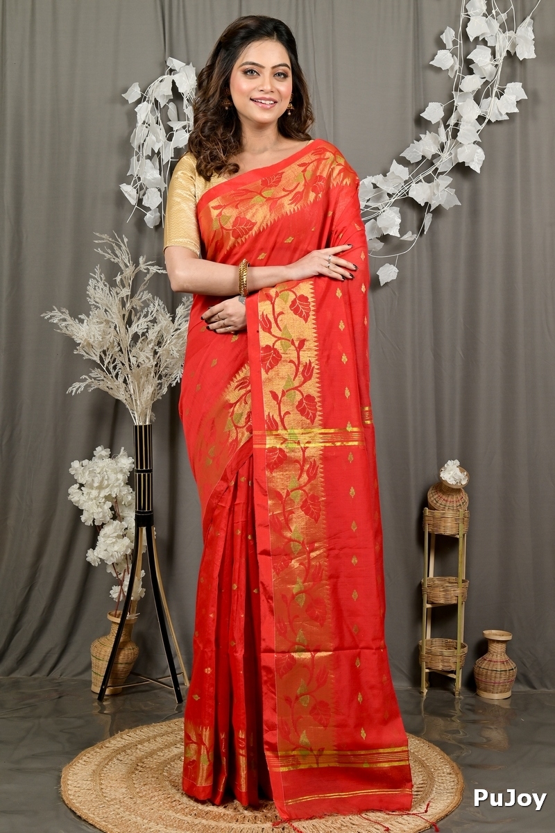 Red Cotton Dipani Hand Loom Saree (3007)