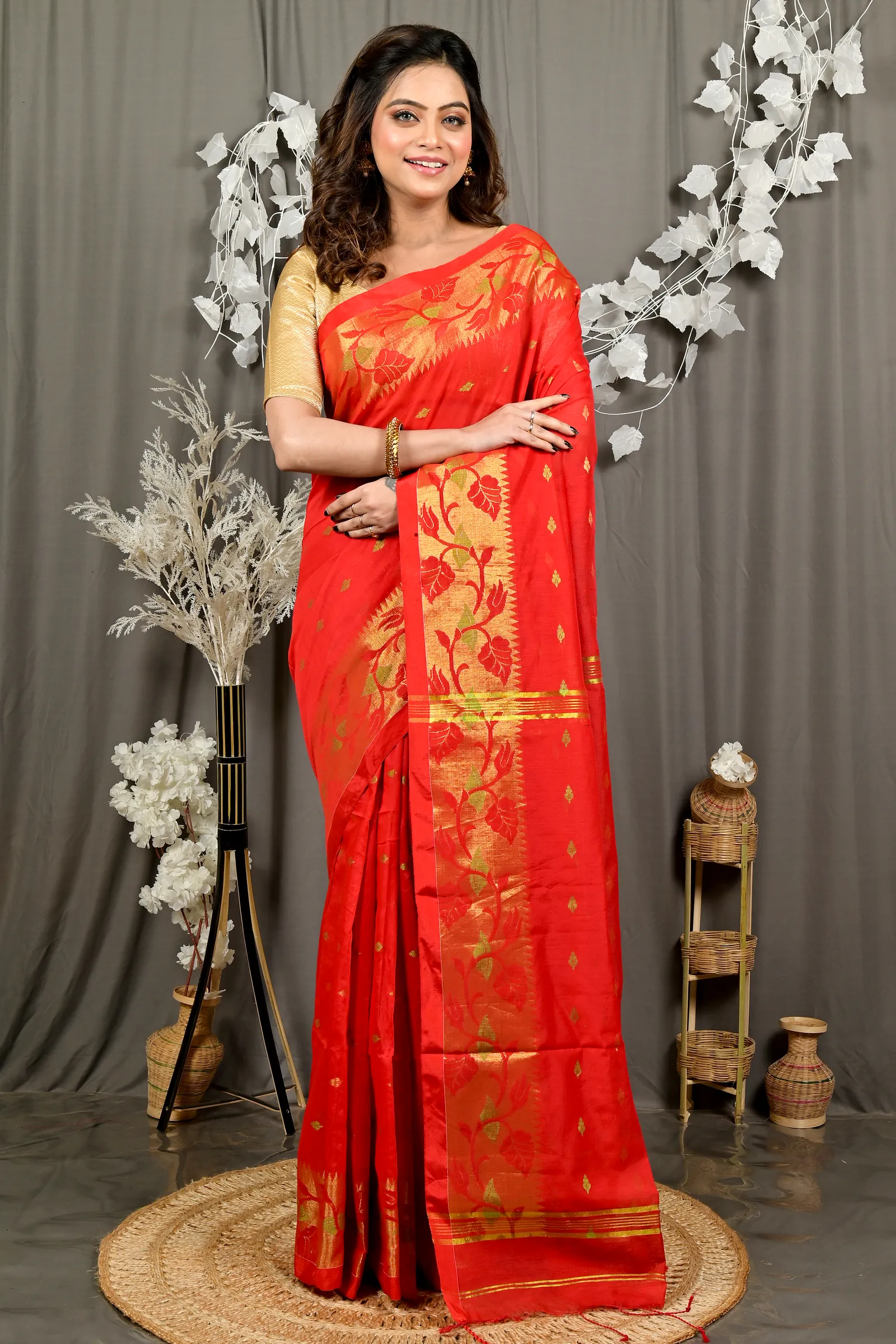 Red Cotton Dipani Hand Loom Saree (3007)