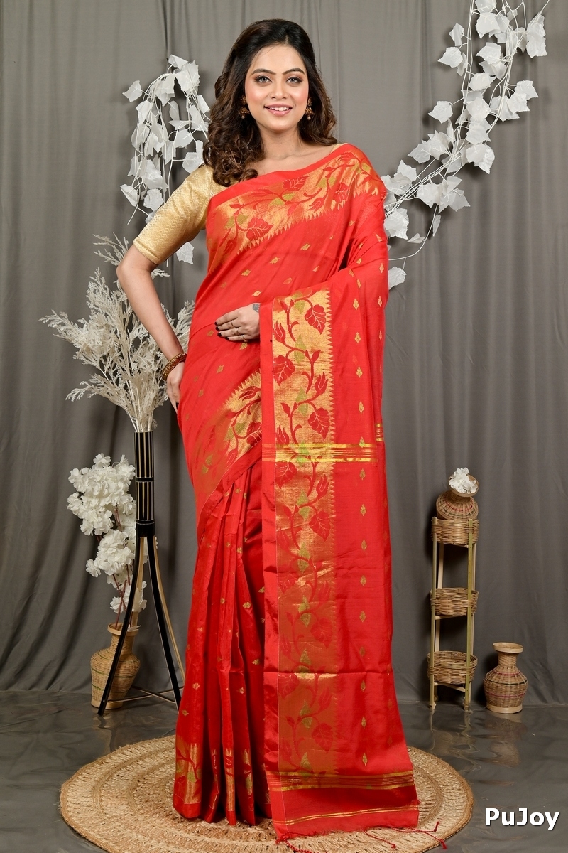 Red Cotton Dipani Hand Loom Saree (3007)