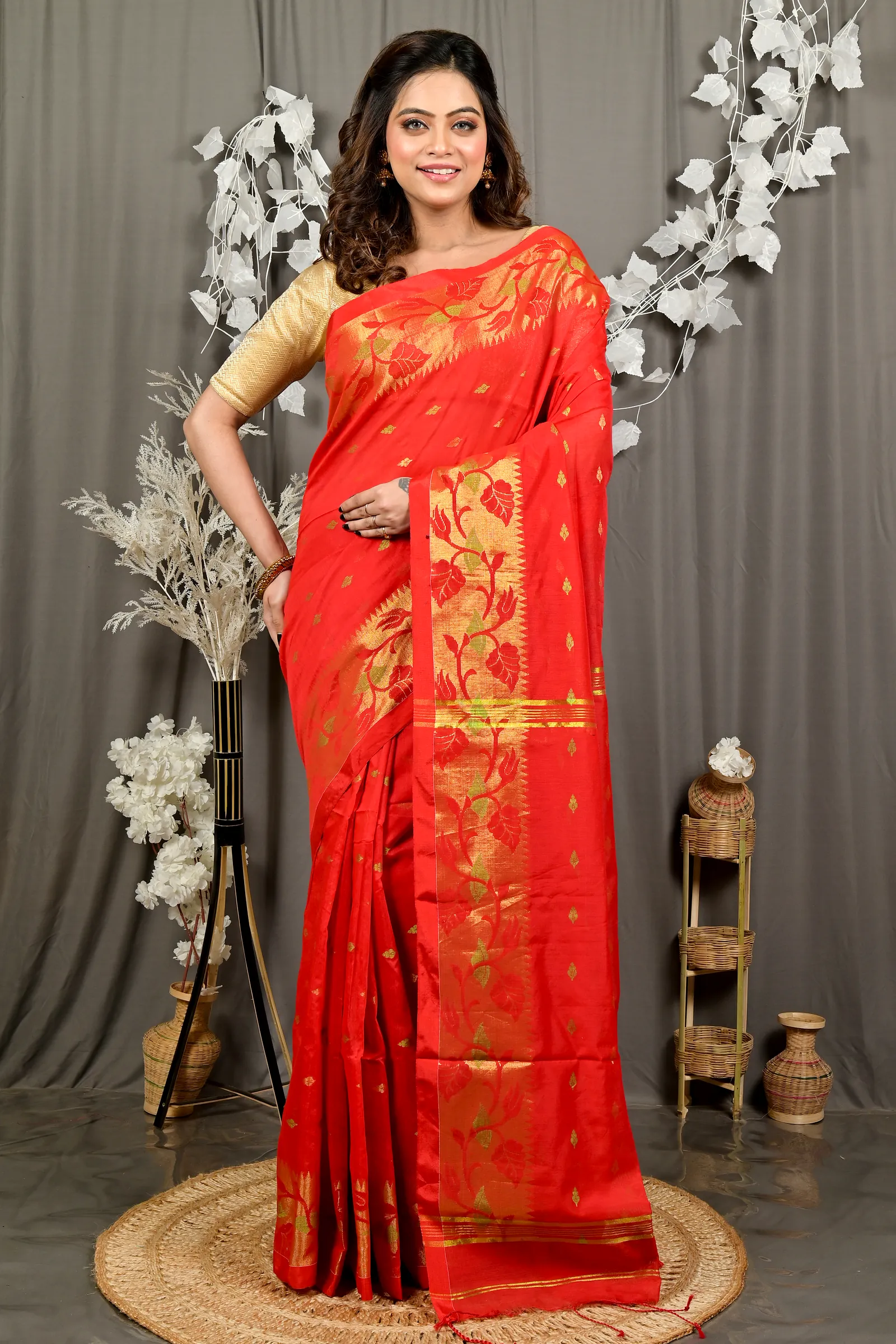 Red Cotton Dipani Hand Loom Saree (3007)