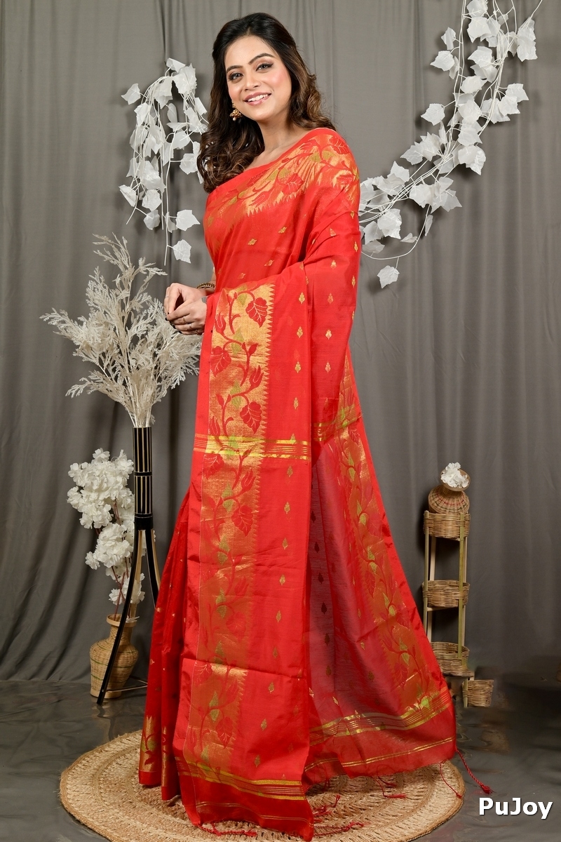 Red Cotton Dipani Hand Loom Saree (3007)