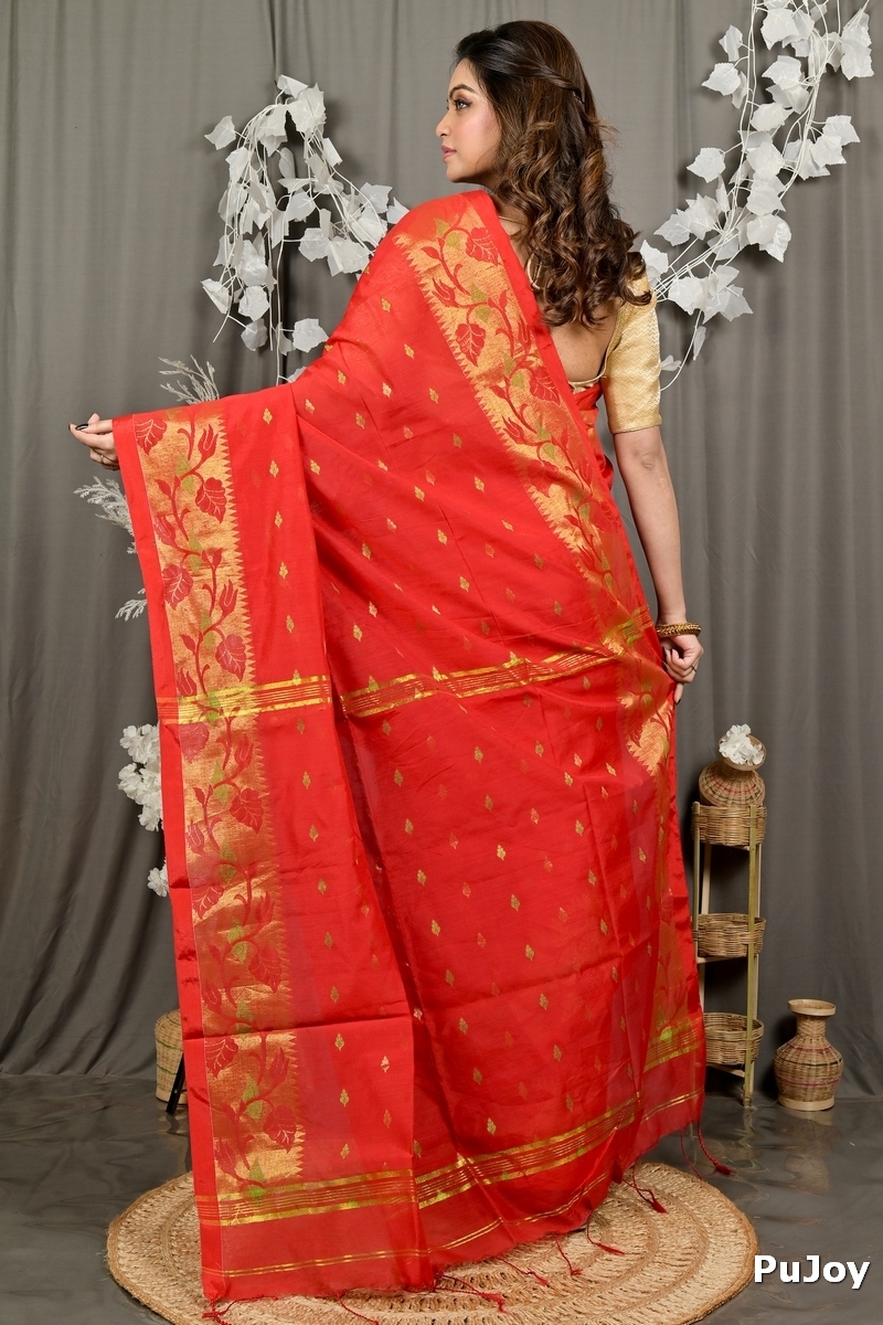 Red Cotton Dipani Hand Loom Saree (3007)