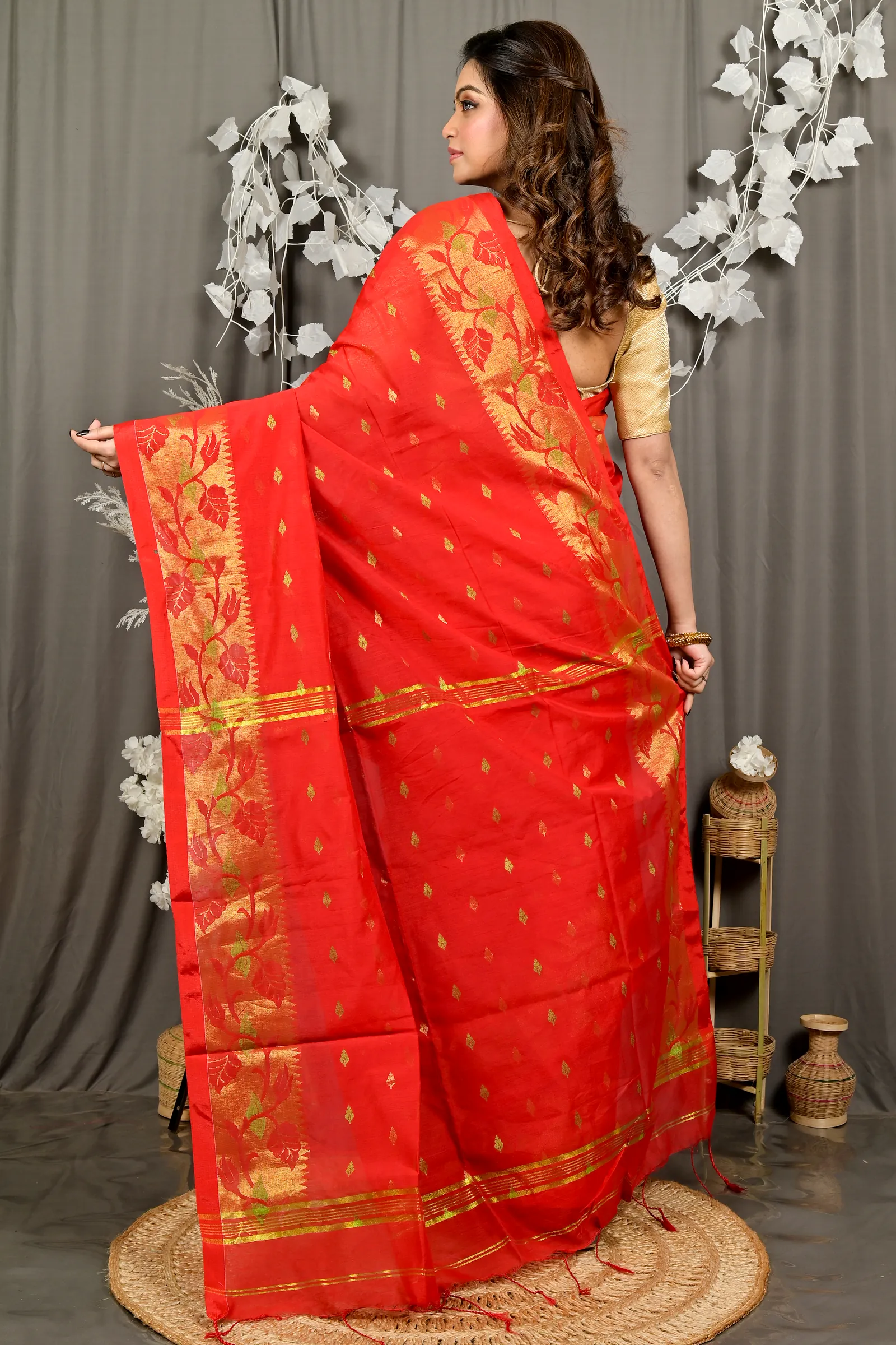 Red Cotton Dipani Hand Loom Saree (3007)