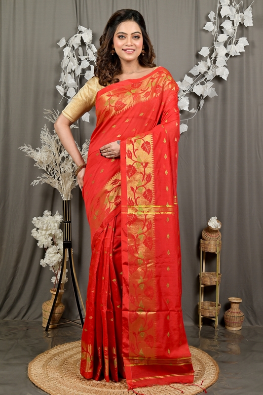 Red Cotton Dipani Hand Loom Saree (3007)