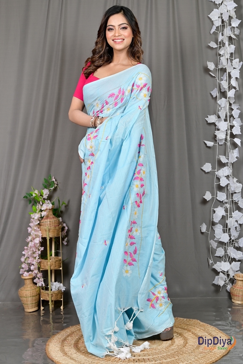 Sky Blue Cotton Blended Paraya Embroidery Handloom saree (301)