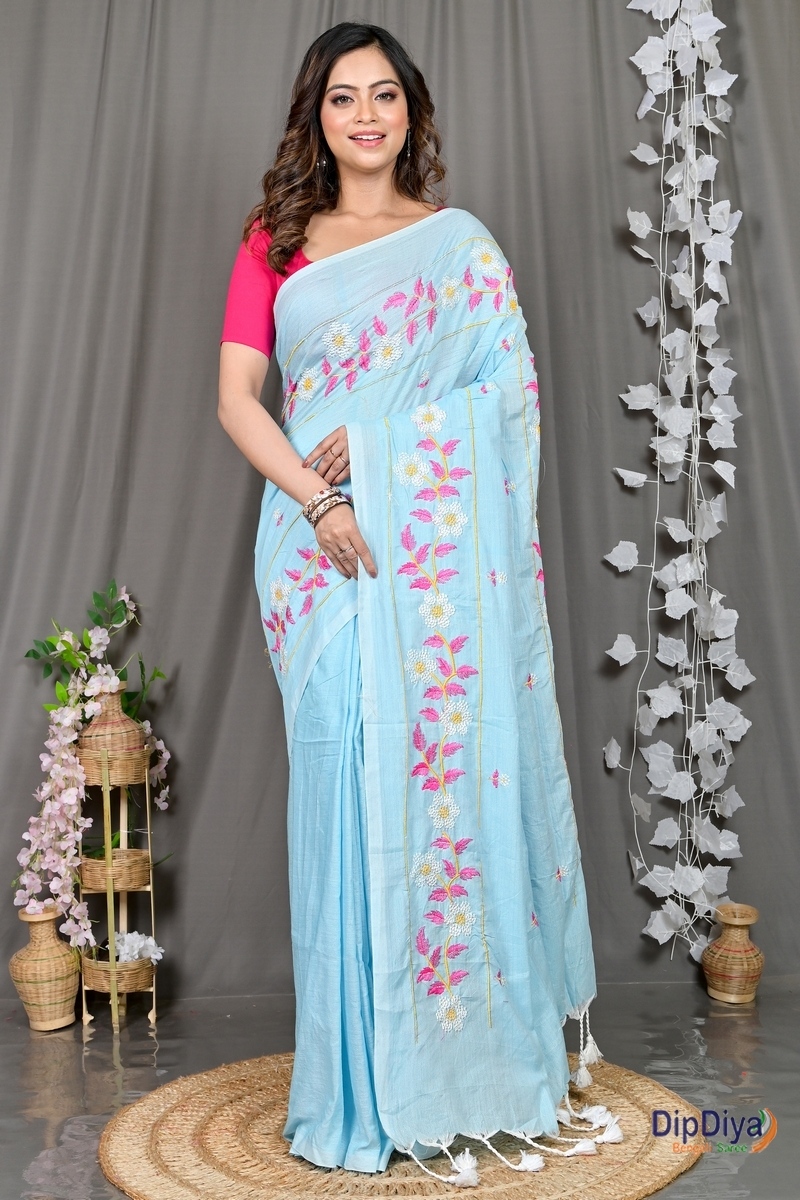 Sky Blue Cotton Blended Paraya Embroidery Handloom saree (301)