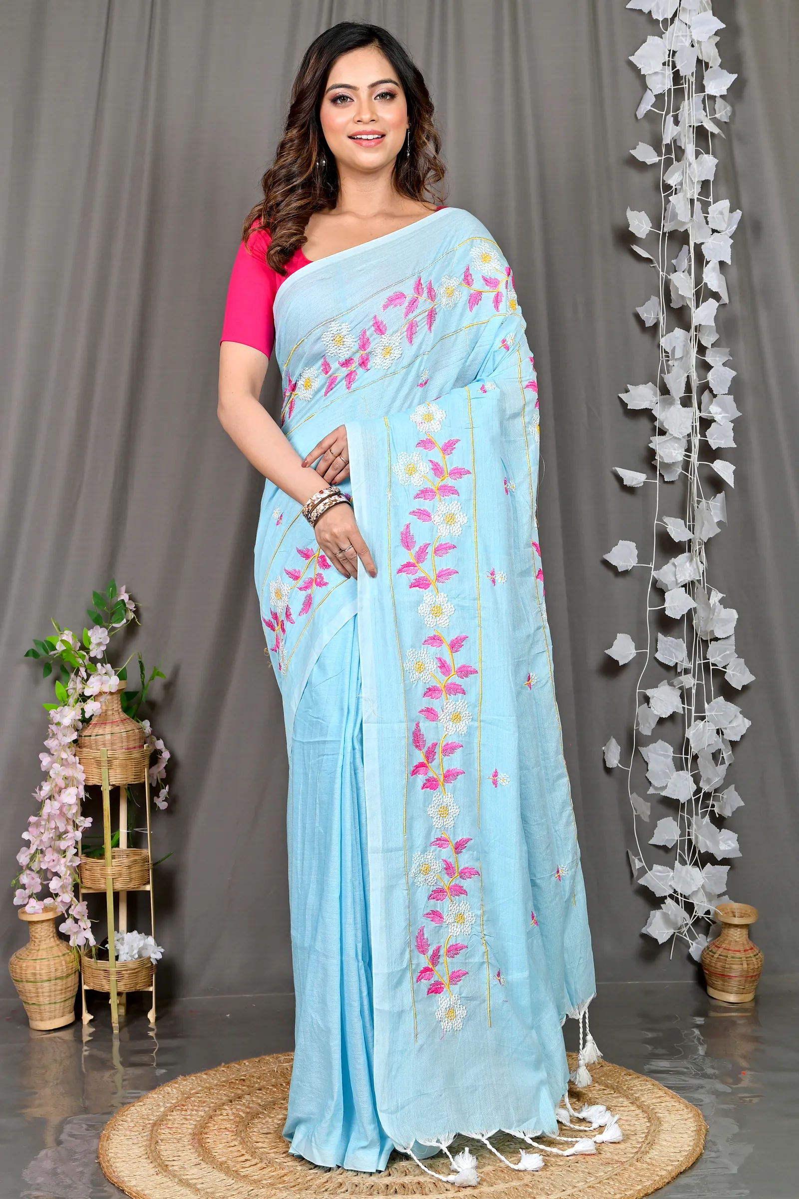 Sky Blue Cotton Blended Paraya Embroidery Handloom saree (301)